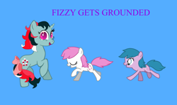 Size: 1396x828 | Tagged: safe, artist:elidapony64, artist:flutterflyraptor, artist:tomypony345, derpibooru import, edit, baby half note, baby sundance, fizzy, earth pony, pony, twinkle eyed pony, g1, g4, baby, baby hawwlf note, baby ponies, baby pony, baby sundawwnce, blue background, cute, female, filly, fizzybetes, foal, grounded, mare, nursery twins, purple text, siblings, simple background, sisters, text, trio, twins