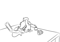 Size: 1000x700 | Tagged: safe, artist:fuckomcfuck, derpibooru import, oc, oc only, oc:doodles, pegasus, pony, computer, drawing tablet, drool, eyes closed, food, laptop computer, monochrome, mug, open mouth, pegasus oc, simple background, sleeping, solo, table, tea, white background
