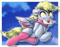 Size: 1298x1035 | Tagged: safe, artist:llametsul, derpibooru import, derpy hooves, pegasus, pony, chest fluff, clothes, colored, cute, ear fluff, ears, female, floppy ears, flying, letter, mare, mouth hold, no pupils, scarf, signature, socks, solo, stockings, thigh highs, white outline