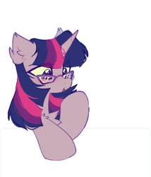 Size: 600x700 | Tagged: safe, artist:mirtash, derpibooru import, twilight sparkle, pony, ambiguous race, chest fluff, ear fluff, ears, eye clipping through hair, female, glasses, horn, mare, open mouth, simple background, solo, transparent background, white background