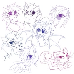 Size: 2000x2000 | Tagged: safe, artist:mirtash, derpibooru import, oc, oc only, alicorn, bat pony, pony, unicorn, alicorn oc, bat wings, chest fluff, ear fluff, ear piercing, earring, ears, eating, eye clipping through hair, fangs, glasses, hair over one eye, heart, horn, jewelry, looking at you, piercing, profile, question mark, simple background, sketch, spread wings, unicorn oc, white background, wings