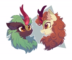 Size: 2400x2000 | Tagged: safe, artist:mirtash, derpibooru import, autumn blaze, cinder glow, summer flare, kirin, abstract background, bust, duo, duo female, ear fluff, ears, female, floppy ears, heart, looking at each other, looking at someone, mare, open mouth, portrait, profile, simple background, white background