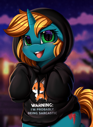 Size: 2601x3549 | Tagged: safe, artist:pridark, derpibooru import, part of a set, oc, oc only, fox, pony, unicorn, clothes, commission, cutie mark, english, high res, hoodie, horn, looking at you, open mouth, text, unicorn oc, ych result