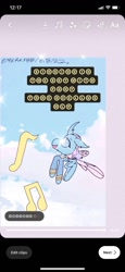 Size: 591x1280 | Tagged: safe, artist:enperry88, derpibooru import, ocellus, changedling, changeling, bowtie, cloud, female, flying, looking up, music notes, ponytones, ponytones outfit, practice, singing, sky, solo