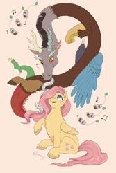 Size: 1365x2048 | Tagged: safe, artist:faeriejadie, derpibooru import, discord, fluttershy, draconequus, pegasus, pony, discordant harmony, duo, female, hair over one eye, looking at each other, looking at someone, male, simple background, singing, teabag
