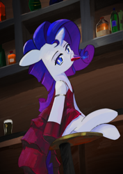 Size: 2480x3508 | Tagged: safe, artist:solid shrimp, derpibooru import, rarity, unicorn, alcohol, bar, clothes, dress, drinking, guinness, hoof gloves, red dress, sitting, solo, whiskey, wine, wip