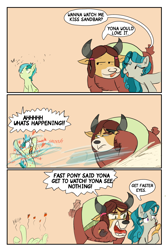 Size: 2000x3000 | Tagged: safe, artist:skunkstripe, derpibooru import, sandbar, swift foot, yona, earth pony, pony, yak, angry, comic, dialogue, dumb yung-six comics, heart, kiss mark, kissing, lipstick, monkey swings, thracian