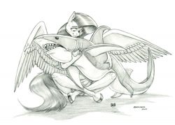 Size: 1400x1002 | Tagged: safe, artist:baron engel, derpibooru import, fluttershy, anthro, pegasus, shark, unguligrade anthro, female, mare, monochrome, pencil drawing, plushie, shark plushie, simple background, solo, story included, traditional art, white background