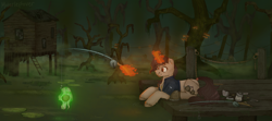 Size: 4500x2000 | Tagged: safe, artist:molars, derpibooru import, oc, oc only, pony, unicorn, fallout equestria, apocalypse, commission, detailed background, fallout, fishing, glowing, glowing horn, horn, levitation, lying down, magic, skull, solo, swamp, telekinesis, unshorn fetlocks