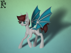 Size: 4000x3000 | Tagged: safe, artist:kirov, derpibooru import, oc, oc only, oc:floppy labourer, bat pony, pony, bat pony oc, bat wings, blank flank, chest fluff, colored wings, commission, cyan eyes, gradient background, raised hoof, raised leg, signature, solo, spread wings, two toned mane, two toned wings, wings