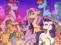 Size: 512x384 | Tagged: safe, artist:binibean, derpibooru import, applejack, fluttershy, pinkie pie, rainbow dash, rarity, spike, twilight sparkle, unicorn twilight, dragon, earth pony, pegasus, pony, unicorn, female, male, mane seven, mane six, mare, scroll