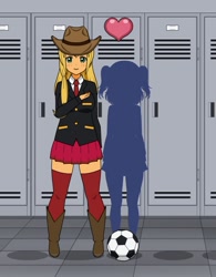 Size: 474x607 | Tagged: safe, artist:imyouknowwho, derpibooru import, applejack, human, equestria girls, boots, cabinet, cowboy boots, football, freckles, green eyes, hat, heart, high heel boots, humanized, kisekae, long hair, long socks, shadow, shoes, solo, sports