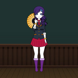 Size: 562x563 | Tagged: safe, artist:imyouknowwho, derpibooru import, rarity, human, equestria girls, blue eyes, boots, bracelet, clothes, curly hair, hairpin, high heel boots, humanized, jewelry, kisekae, looking at you, necktie, school uniform, shoes, skirt, solo