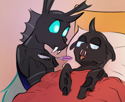 Size: 1010x823 | Tagged: safe, artist:testostepone, derpibooru import, oc, oc only, oc:coxa, oc:mimesis, changeling, anisocoria, bed, blanket, caring for the sick, changeling oc, fangs, medicine, no source available, open mouth, pillow, scrunchy face, sick, spoon, tongue, tongue out