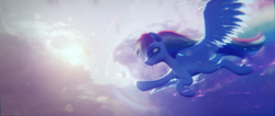 Size: 5760x2450 | Tagged: safe, artist:etherium-apex, rainbow dash, pegasus, pony, 3d, backlighting, blender, blender eevee, cloud, female, flying, mare, profile, side view, sky, solo, sun