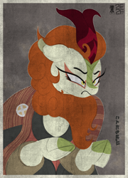 Size: 2500x3472 | Tagged: safe, alternate version, artist:2fat2fly, derpibooru import, autumn blaze, kirin, angry, chest fluff, clothes, female, frown, high res, hiragana, japanese, mare, robes, scowl, solo, underhoof