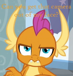 Size: 673x699 | Tagged: safe, artist:thegamerpainter, derpibooru import, edit, edited screencap, screencap, smolder, dragon, school daze, angry, anti-bronybait, breaking the fourth wall, caption, chowder, cropped, dragoness, female, image macro, looking at you, mung daal, open mouth, reference, smolder is not amused, solo, teeth, text, unamused