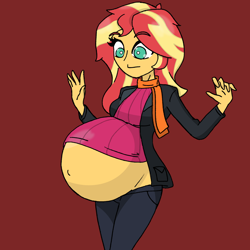 Size: 2048x2048 | Tagged: safe, artist:elizapregs, derpibooru import, sunset shimmer, comic:inner thoughts, equestria girls, belly, belly button, big belly, clothes, jacket, looking at belly, looking down, pants, pregnant, scarf, sunset preggers, sweater, wardrobe malfunction