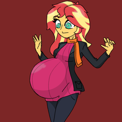 Size: 2048x2048 | Tagged: safe, alternate version, artist:elizapregs, derpibooru import, sunset shimmer, comic:inner thoughts, equestria girls, belly, big belly, clothes, jacket, looking at belly, looking down, pants, pregnant, scarf, sunset preggers, sweater