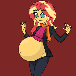 Size: 2048x2048 | Tagged: safe, alternate version, artist:elizapregs, derpibooru import, sunset shimmer, comic:inner thoughts, equestria girls, belly, belly button, big belly, clothes, jacket, looking at belly, looking down, pants, pregnant, scarf, sunset preggers, sweater, wardrobe malfunction