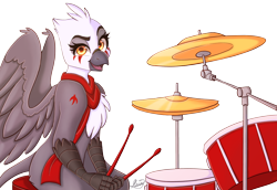 Size: 3200x2200 | Tagged: safe, artist:mxiiisy, derpibooru import, part of a set, oc, oc only, oc:akelza, oc:akelzai aelvana, bird, griffon, avian, beak, clothes, coat markings, drum kit, drum set, drums, facial markings, feather, golden eyes, griffon oc, halfbody, looking at you, musical instrument, red scarf, scarf, simple background, sitting, smiling, solo, spread wings, stool, tattoo, transparent background, wings