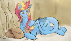 Size: 1587x918 | Tagged: safe, artist:testostepone, derpibooru import, oc, oc:merrifeather, pegasus, pony, archaeology, bag, blue coat, brushing, colored wings, element of kindness, female, golden eyes, ground, looking at something, looking down, lying down, mare, on side, pegasus oc, prehensile tail, prone, saddle bag, smiling, solo, tail, two toned mane, two toned tail, two toned wings, wings