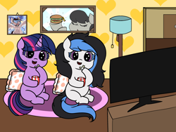 Size: 3072x2304 | Tagged: safe, artist:malachimoet, artist:msbluejune, derpibooru import, octavia melody, twilight sparkle, oc, oc:msbluejune, pony, burger, chubby, colored background, cute, duo, food, hamburger, happy, popcorn, television