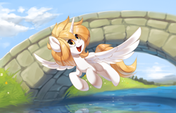 Size: 4000x2570 | Tagged: safe, artist:vistamage, derpibooru import, oc, oc only, alicorn, alicorn oc, bridge, flying, horn, open mouth, open smile, smiling, solo, water, wings