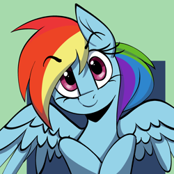 Size: 2212x2211 | Tagged: safe, artist:arume_lux, derpibooru import, rainbow dash, pegasus, pony, abstract background, female, floating eyebrows, looking at you, mare, solo