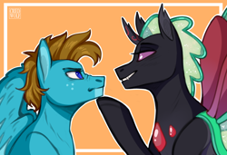 Size: 4232x2893 | Tagged: safe, artist:criedwolf, derpibooru import, oc, oc only, oc:carbon, oc:ptero, changedling, changeling, pegasus, pony, annoyed, bedroom eyes, blue eyes, brown hair, brown mane, changedling oc, changeling oc, gay, high res, hoof on chin, horn, male, oc x oc, pegasus oc, purple eyes, shipping, simple background, smiling, smirk