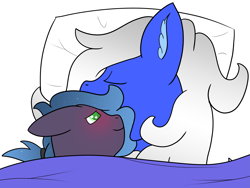 Size: 4697x3536 | Tagged: safe, artist:eminent entropy, derpibooru import, oc, oc only, oc:gemini, oc:soul, bat pony, kirin, pony, bat pony oc, bed, blanket, blushing, cuddling, cute, duo, kirin oc, oc x oc, pillow, shipping, simple background, sleeping, snuggling, white background