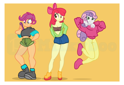 Size: 7528x5136 | Tagged: safe, artist:milkyboo898, derpibooru import, apple bloom, scootaloo, sweetie belle, human, equestria girls, cutie mark crusaders, orange background, sexy, simple background