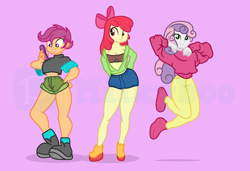 Size: 7528x5136 | Tagged: safe, alternate version, artist:milkyboo898, derpibooru import, apple bloom, scootaloo, sweetie belle, human, better together, equestria girls, clothes, cutie mark crusaders, cutie mark on clothes, pink background, simple background