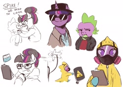 Size: 2480x1754 | Tagged: safe, artist:nire, derpibooru import, spike, twilight sparkle, unicorn twilight, earth pony, unicorn, barrel, breaking bad, clipboard, drugs, female, hair bun, hat, hazmat suit, jesse pinkman, male, mare, meth, simple background, tongue, tongue out, walter white, white background