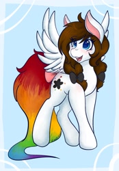 Size: 1423x2048 | Tagged: safe, artist:mscolorsplash, derpibooru import, oc, oc only, oc:color splash, pegasus, pony, bow, female, mare, open mouth, open smile, rainbow tail, smiling, solo, spread wings, tail, tail bow, wings