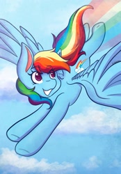 Size: 1423x2048 | Tagged: safe, artist:mscolorsplash, derpibooru import, rainbow dash, pegasus, pony, backwards cutie mark, cloud, eye clipping through hair, eyebrows, eyebrows visible through hair, female, flying, grin, looking back, mare, rainbow trail, signature, sky, smiling, solo, spread wings, wings