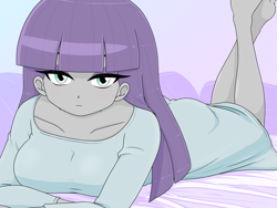 Size: 2224x1668 | Tagged: safe, artist:batipin, derpibooru import, maud pie, equestria girls, barefoot, bed, breasts, eyeshadow, feet, looking at you, lying down, makeup, maud pies, prone, the pose