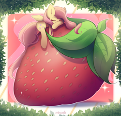 Size: 2350x2250 | Tagged: safe, artist:miryelis, derpibooru import, fluttershy, pegasus, pony, eyes closed, food, leaves, long hair, lying, signature, sleeping, small wings, solo, strawberry, wings