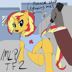 Size: 4096x4096 | Tagged: artist needed, safe, derpibooru import, sunset shimmer, human, pony, unicorn, /mlp/, /mlp/ tf2 general, crossover, female, knife, male, mare, medic, offscreen character, offscreen human, spy, team fortress 2