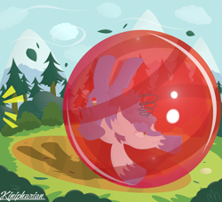 Size: 3328x3024 | Tagged: safe, artist:kinipharian, derpibooru import, oc, oc:kayisus, pony, bubble, forest, latios, legendary pokémon, outdoors, pokémon, ponified, signature, solo, trapped