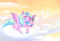 Size: 2078x1433 | Tagged: safe, artist:stevetwisp, derpibooru import, oc, oc only, alicorn, pony, alicorn oc, blowing bubbles, cloud, female, horn, mare, on a cloud, sitting, sitting on cloud, solo, wings