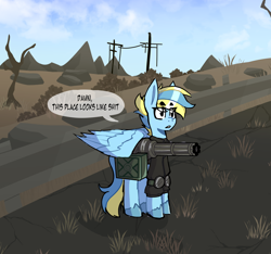 Size: 1980x1855 | Tagged: safe, artist:exvius, derpibooru import, oc, pegasus, pony, fallout equestria, minigun, solo, wasteland