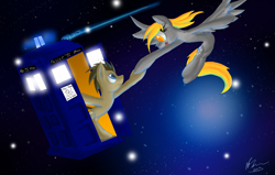 Size: 2889x1836 | Tagged: safe, artist:draconicsonic, derpibooru import, derpy hooves, doctor whooves, earth pony, pegasus, pony, doctor who, doctorderpy, female, holding hooves, male, open mouth, open smile, shipping, smiling, space, straight, tardis