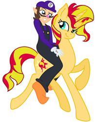 Size: 1163x1490 | Tagged: safe, artist:catsoulrialia, artist:user15432, derpibooru import, sunset shimmer, human, pony, unicorn, equestria girls, barely eqg related, barely pony related, base used, cap, clothes, crossover, equestria girls style, equestria girls-ified, gloves, hat, human and pony, humans riding ponies, overalls, pony ride, riding, shirt, shoes, simple background, smiling, super mario bros., undershirt, waluigi, waluigi's hat, waluset, white background