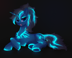 Size: 5000x4000 | Tagged: safe, artist:anku, derpibooru import, oc, oc only, oc:maple parapet, pony, unicorn, black background, blue eyes, chest fluff, commission, eyebrows, eyelashes, female, fluorescent, freckles, glowing, glowing horn, high res, horn, mare, neon, open mouth, pony oc, simple background, solo, solo female, tail, telling lies, two toned mane, two toned tail, unicorn oc, ych result