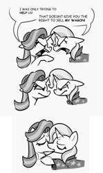 Size: 783x1310 | Tagged: safe, artist:fish__koi, derpibooru import, starlight glimmer, trixie, pony, unicorn, road to friendship, angry, argument, comic, dialogue, eyes closed, female, grayscale, kissing, lesbian, mare, monochrome, shipping, startrix