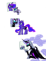 Size: 2048x2732 | Tagged: safe, artist:ja0822ck, derpibooru import, nightmare moon, princess luna, age progression, female, filly, foal, mirror, reflection, simple background, white background, woona, younger