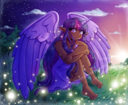 Size: 2047x1690 | Tagged: safe, artist:ashes-arts, artist:mylittleyuri, derpibooru import, twilight sparkle, human, alicorn humanization, barefoot, blushing, choker, clothes, cloud, cute, dark skin, dress, elf ears, feet, female, grass, horn, horned humanization, humanized, night, solo, sunset, tree, twiabetes, winged humanization, wings