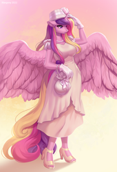 Size: 960x1408 | Tagged: safe, artist:margony, derpibooru import, princess cadance, alicorn, anthro, plantigrade anthro, breasts, clothes, commission, dress, ears, female, floppy ears, gloves, gradient background, hat, high heels, jewelry, large wings, mare, milf, necklace, open-toed shoes, pearl necklace, princess cansdance, purse, shoes, solo, spread wings, toes, wings