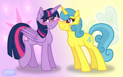 Size: 1129x708 | Tagged: safe, artist:purplepotato04, derpibooru import, lemon hearts, twilight sparkle, twilight sparkle (alicorn), alicorn, blue mane, blue tail, female, heart, lemonlight, lesbian, pink eyes, pink mane, pink tail, purple coat, purple eyes, purple mane, purple tail, shipping, tail, twilight sparkle's cutie mark, yellow coat